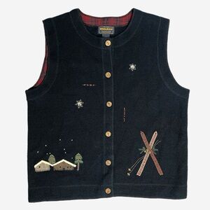 Woolrich black embroidered rustic button front vest sweater cabincore holiday L